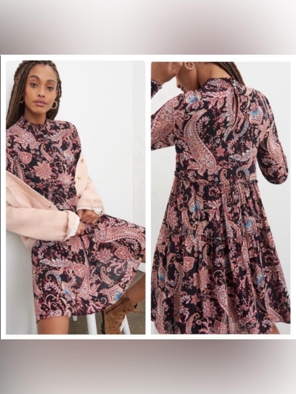 Anthropologie Cady Paisley Long-Sleeve Tiered Black Burgundy Tunic Dress Size M